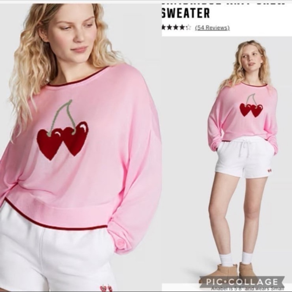 PINK Cambridge crew neck sweater pink with cherries logo patch on sleeve lg